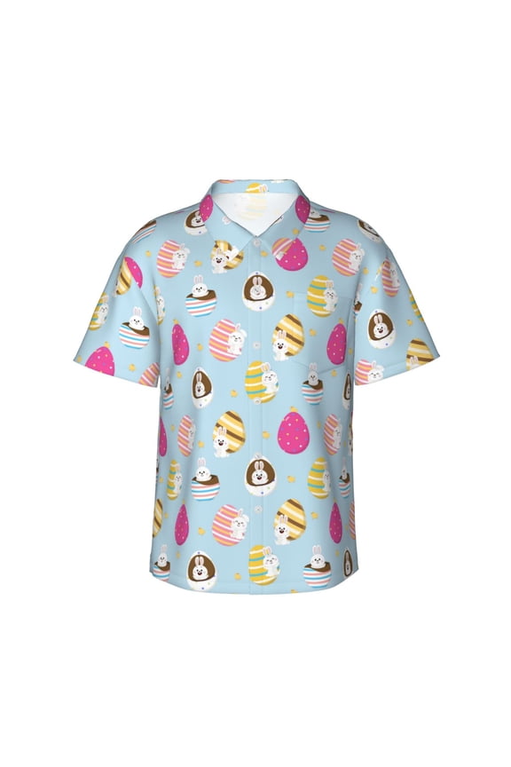 Happy Easter print Hawaiian shirt - a stylish short-sleeve button-down for men, perfect for casual beach and tropical outings.