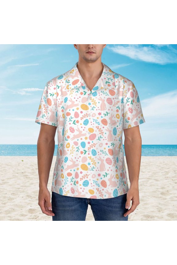 Happy Easter print Hawaiian shirt - a stylish short-sleeve button-down for men, perfect for casual beach and tropical outings.