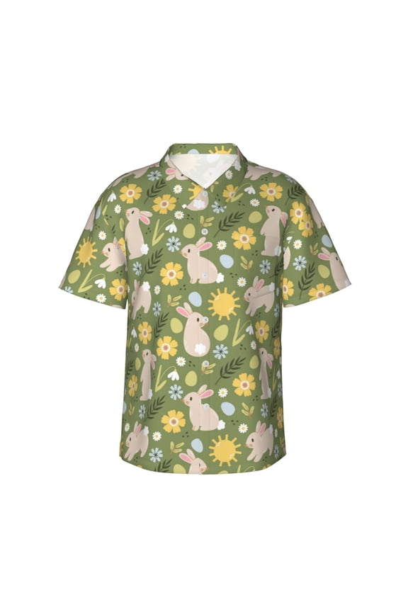 Happy Easter print Hawaiian shirt - a stylish short-sleeve button-down for men, perfect for casual beach and tropical outings.