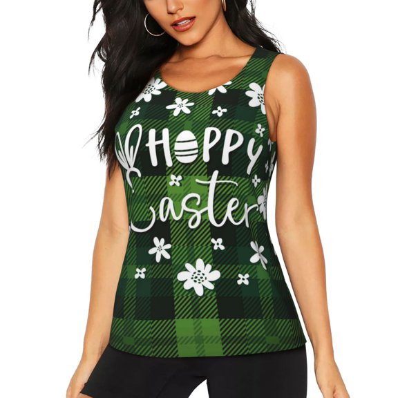 Xecao Happy Easter print women's scoop neck, loose-fit workout tank tops for the gym.