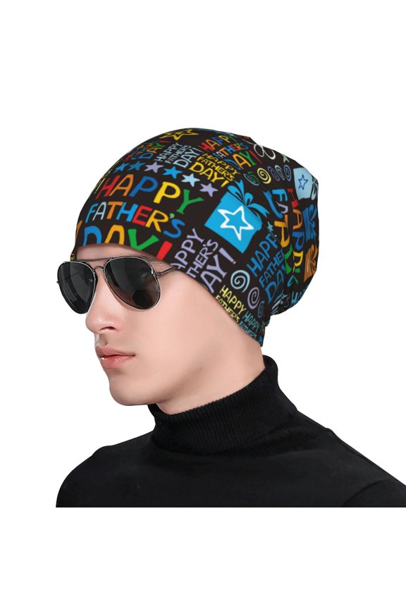 Happy Father Day Print Beanie Knitted Hat for Men Women, Winter Fashion Knit Cuffed Caps Unisex