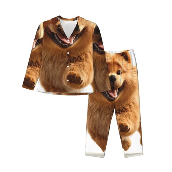 Xecao Happy Fluffy Running Dog Print Women Pajamas Set Soft Sleepwear Pjs long Sleeve Button Down Nightwear with Long Pants
