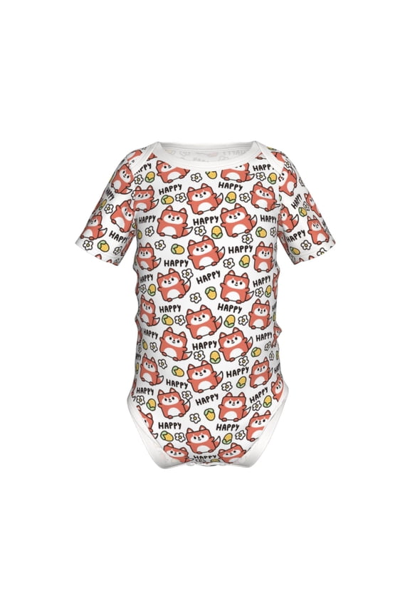 Happy Foxy Faces Pattern Baby Climbing Bodysuit Short Sleeve Onesie Unisex 0-12 Months Baby Shirt Newborn Outfits Crotch snap design-
