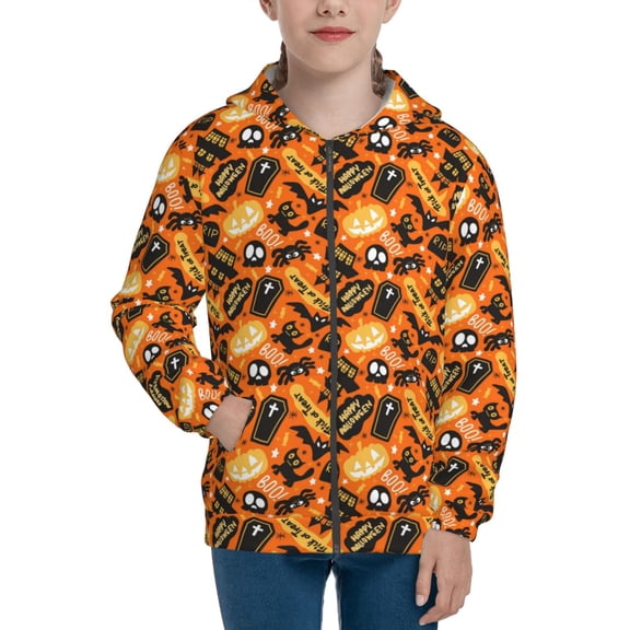 Xecao Happy Halloween1 Pattern Zip Up Hoodies for Boys Girls, Sweatshirt with Pockets-Small