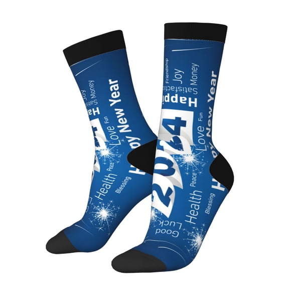 Xecao Happy New Year 2024 (4) Pattern Sport Socks for Women and Men Crew Socks Sporty Calf Socks Casual Socks