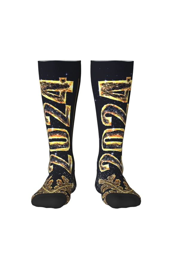 Happy New Year 2024 (5) print thigh-high socks, crafted for both men and women with a stretchy, high-opaque design perfect for daily wear