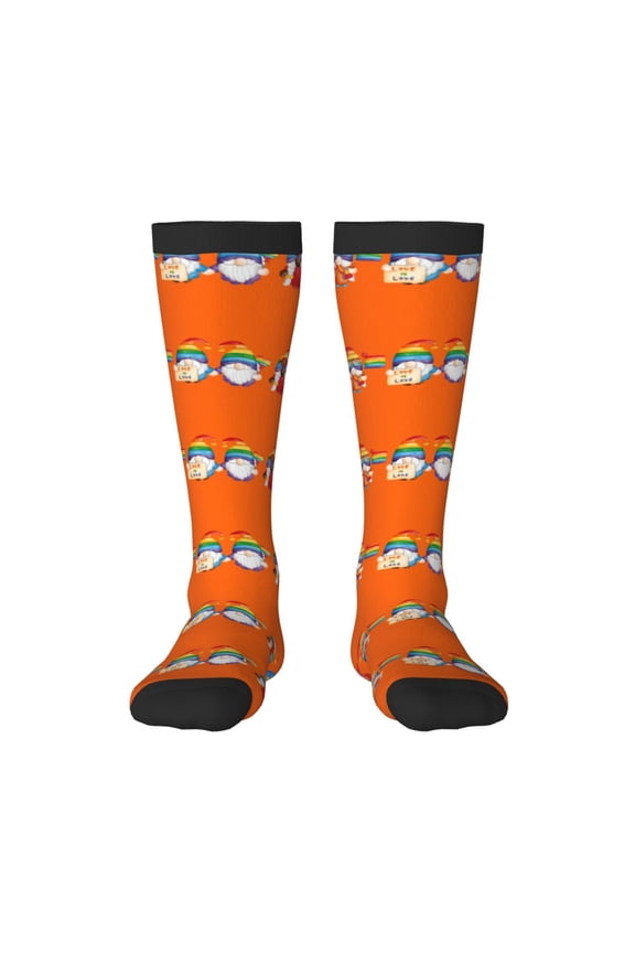 Happy Pride Gnome print thigh-high socks, crafted for both men and women with a stretchy, high-opaque design perfect for daily wear