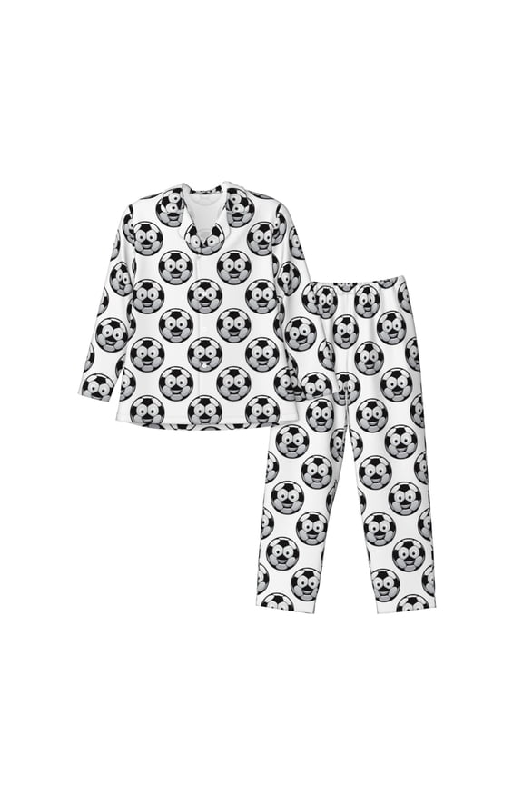 Happy Soccer Print Pajamas Set Mens Pajamas Long Sleeve Loungewear Two-Piece Sleepwear Button-Down Pjs Set,2PJS-Medium
