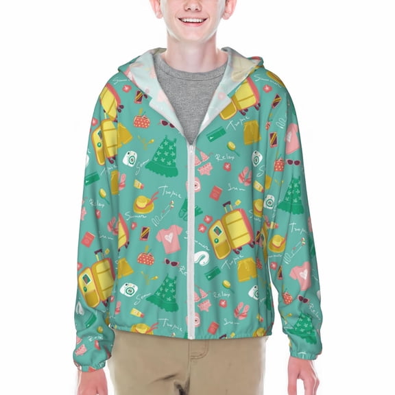 Xecao Happy Summer Print Fishing Shirts for teenager Long Sleeve UV Sun Protection Hoodie with Zipper Outdoor Hiking Shirts-Small