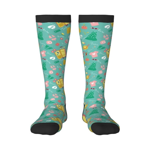 Xecao Happy Summer print thigh-high socks, crafted for both men and women with a stretchy, high-opaque design perfect for daily wear