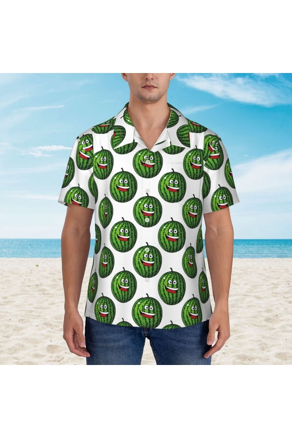 Happy Watermelon print Hawaiian shirt - a stylish short-sleeve button-down for men, perfect for casual beach and tropical outings.