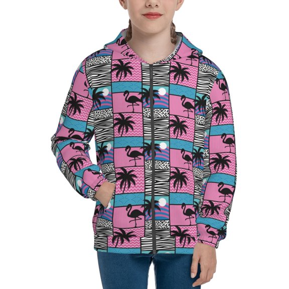 Xecao Hawaii Palms Pattern Zip Up Hoodies for Boys Girls, Sweatshirt with Pockets-Medium
