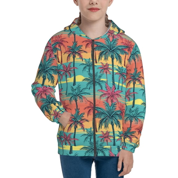 Xecao Hawaii Palms Pattern Zip Up Hoodies for Boys Girls, Sweatshirt with Pockets-Medium
