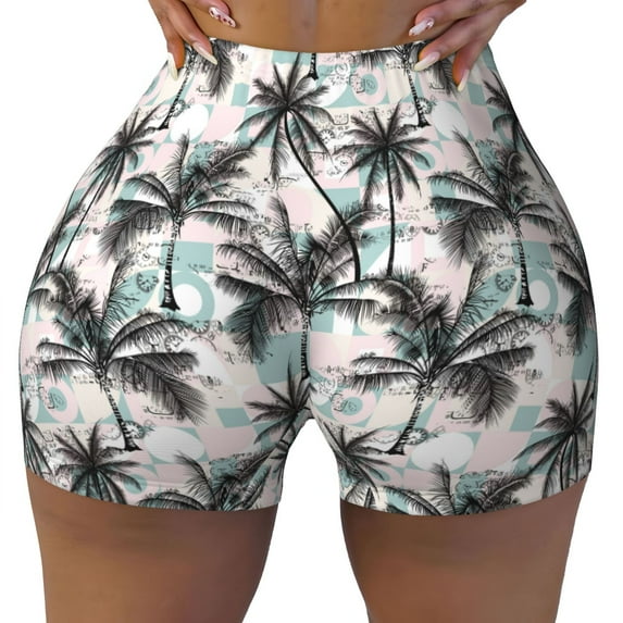 Xecao Hawaii Palms Print Workout Shorts for Women Soft Smooth Gym Yoga Scrunch Active Tennis Workout Running Shorts