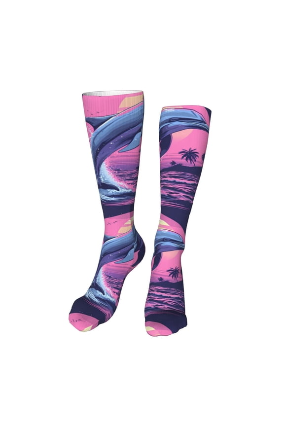 Hawaiian Beach Dolphin Print Calf Socks Seamless Toe, Knee High Long Socks, Sports Socks Trouser Socks for Women and Men-One Size