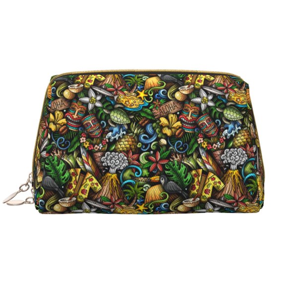 Xecao Hawaiian Culture Symbols Print Fashion Makeup PVC Bag Large Capacity Travel Cosmetic Bag for Women Organizer Toiletry Clutch