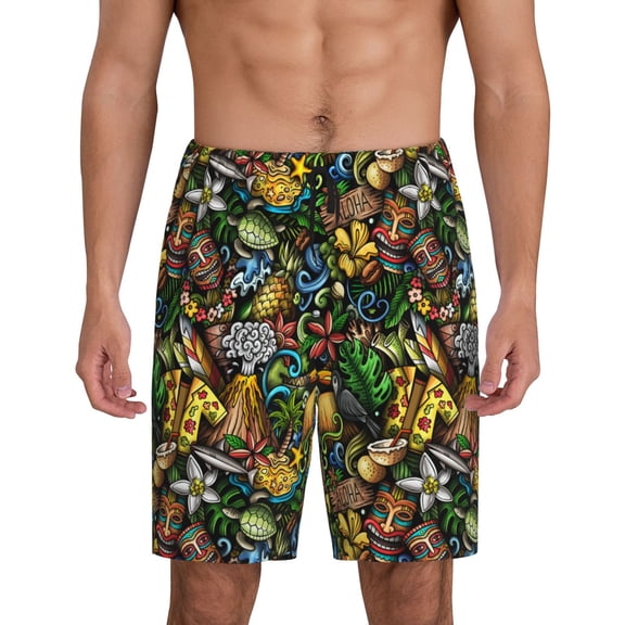 Xecao Hawaiian Culture Symbols Print Men's Sleepwear Shorts Pajama Bottom Lounge Short nightwear with Convenient Pockets for Relaxed Home Wear-Medium