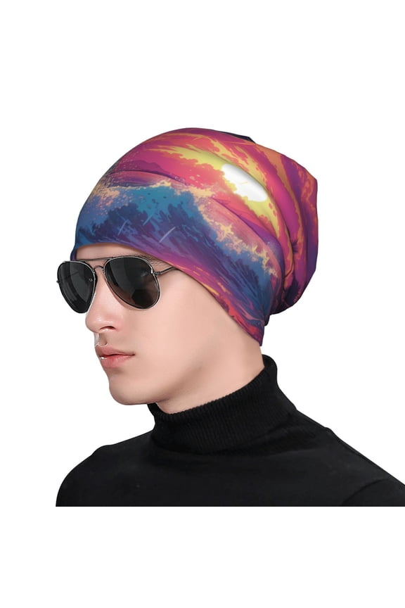 Hawaiian Island Beach Shark Print Beanie Knitted Hat for Men Women, Winter Fashion Knit Cuffed Caps Unisex