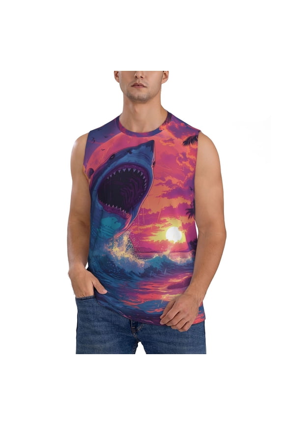 Hawaiian Island Beach Shark Print Men's Tank Top: Sleek Sleeveless Tee for Casual Sports and Beach Occasions-Small