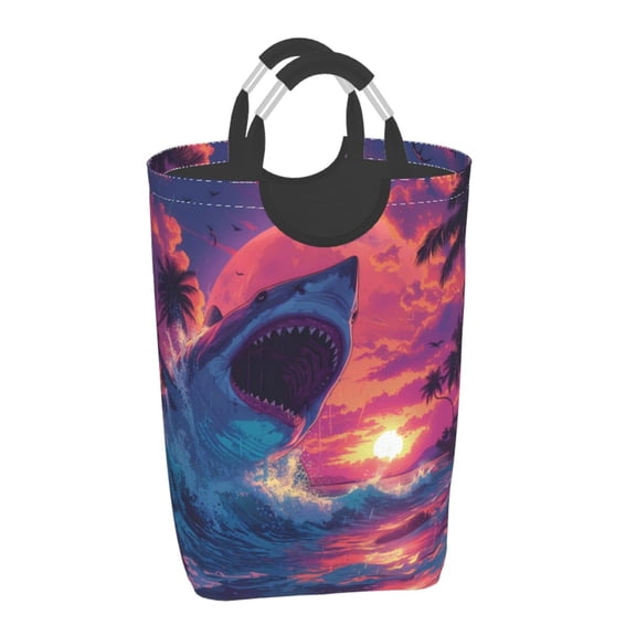 Xecao Hawaiian Island Beach Shark for Laundry Basket,Collapsible Large Laundry Hamper,Wash Bag for Laundry Room, Rolling Laundry Basket with Handles