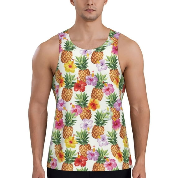 Xecao Hawaiian Pineapples And Hibiscus Flowers Men's Tank Top Workout Quick Dry Sleeveless Gym Jogging Muscle Shirts Summer Swim Beach Tops