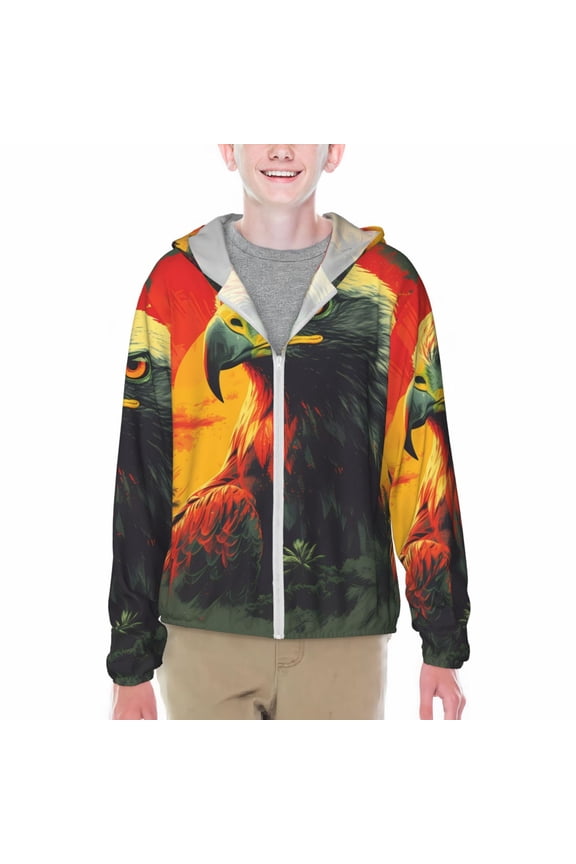 Hawaiian Style Bald Eagle Print Fishing Shirts for teenager Long Sleeve UV Sun Protection Hoodie with Zipper Outdoor Hiking Shirts-Medium