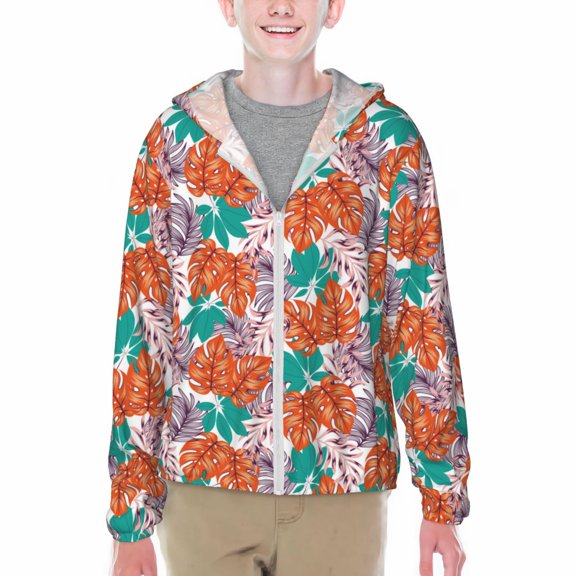 Xecao Hawaiian Style Print Fishing Shirts for teenager Long Sleeve UV Sun Protection Hoodie with Zipper Outdoor Hiking Shirts-Large