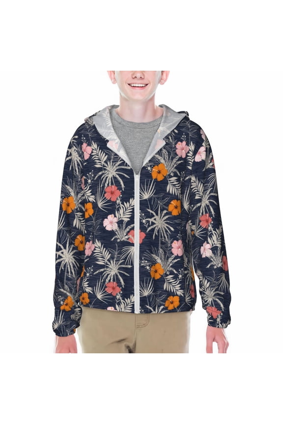 Hawaiian Style Print Fishing Shirts for teenager Long Sleeve UV Sun Protection Hoodie with Zipper Outdoor Hiking Shirts-XX-Large