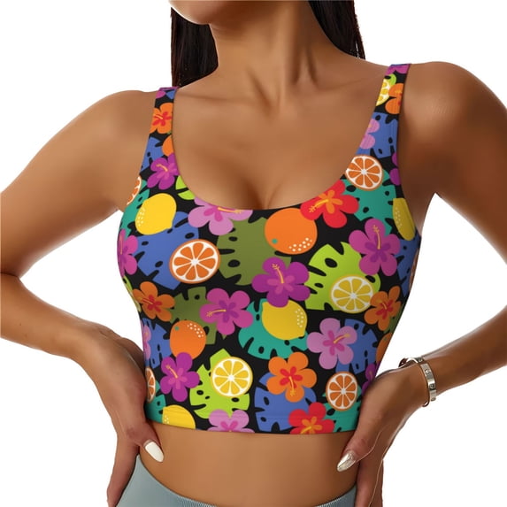Xecao Hawaiian Style for Sports Bra with Removable Pads, Crop Tank Top Design, Women's Longline Sports Bra - Non-Wired - Large