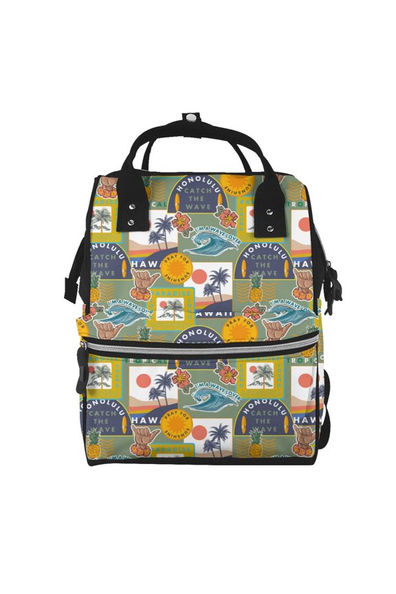 Hawaiian Style print Large Capacity Nappy Bag is a multi-functional waterproof travel backpack, perfect as a nursing bag or mummy backpack for women