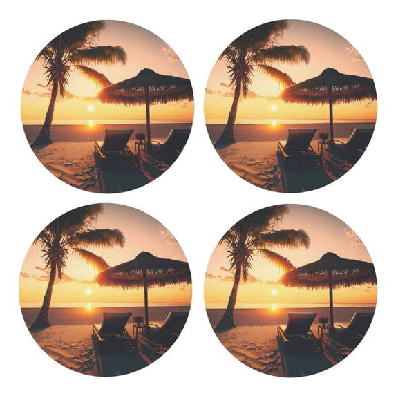 Xecao Hawaiian Sunset Beach for MDF Cork Coaster 4 Pcs,Drink Coasters,Suit for House Warming Gifts New Home ,Coffee Table Decor-Round Shape