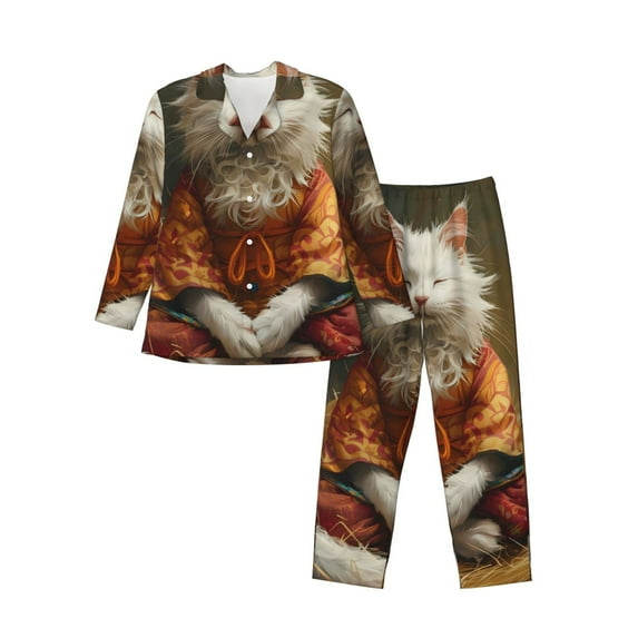 Xecao Haystack Meditating Cat Print Pajamas Set Mens Pajamas Long Sleeve Loungewear Two-Piece Sleepwear Button-Down Pjs Set,2PJS-Medium