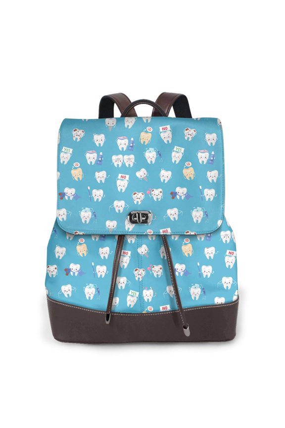Cute Healthy Teeth Print Large Backpack Soft Leather for Women Travel with Compartment, Adjustable Convertible Strap