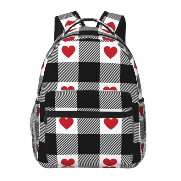 Xecao Heart Black Buffalo Plaid Gingham Backpack, a stylish and functional choice for both men and women, is the perfect basic bookbag for college, work, or travel
