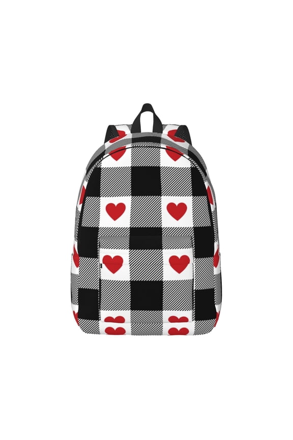 Heart Black Buffalo Plaid Gingham for Canvas College Laptop Backpack, Durable Rucksack Travel Notebook Bag School Backpack Book Bag for Men Women