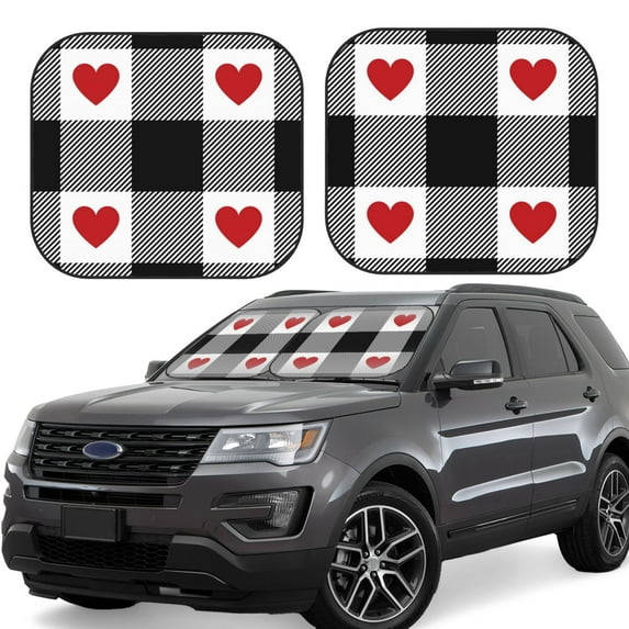 Xecao Heart Black Buffalo Plaid Gingham for Foldable Car Sun Shades (2-Pack) offer sun protection with an easy-fold design for convenient windshield shading.