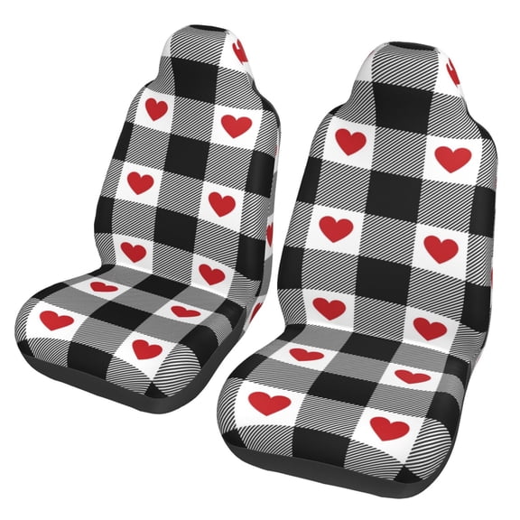Xecao Heart Black Buffalo Plaid Gingham Print Car Seat Cover in That Fits Most Cars, Vans, SUVs, and Trucks.