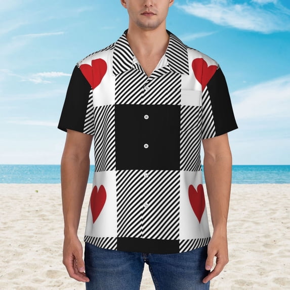Xecao Heart Black Buffalo Plaid Gingham print Hawaiian shirt - a stylish short-sleeve button-down for men, perfect for casual beach and tropical outings.