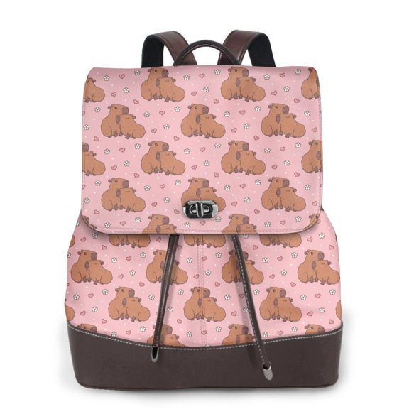 Xecao Heart Capybara Print Large Backpack Soft Leather for Women Travel with Compartment, Adjustable Convertible Strap
