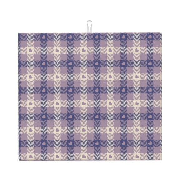 Xecao Heart Check Plaid Print Dish Drying Mat for Kitchen Counter,Absorbent Coffee Bar Mat, Dish Drainer Rack Mats,Dining Room Decoration