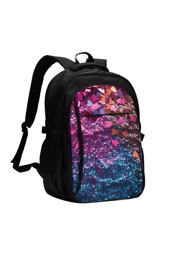 Heart Confetti on Glitter for Travel Laptop Backpack, USB-Charging-Enabled, Spacious Business Backpack for Men and Women,College School Computer Bag