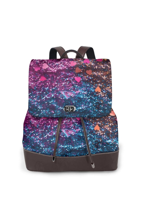 Heart Confetti on Glitter Print Large Backpack Soft Leather for Women Travel with Compartment, Adjustable Convertible Strap