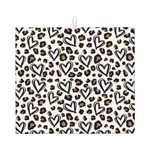 Xecao Heart Leopard Print Dish Drying Mat for Kitchen Counter,Absorbent Coffee Bar Mat, Dish Drainer Rack Mats,Dining Room Decoration