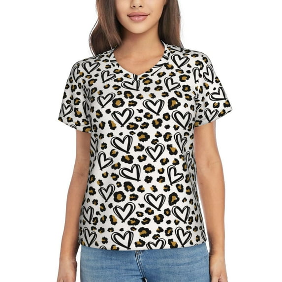 Xecao Heart Leopard for Women's V-Neck T-Shirts-Elegant Half-Sleeve Tops Perfect for Summer-Small