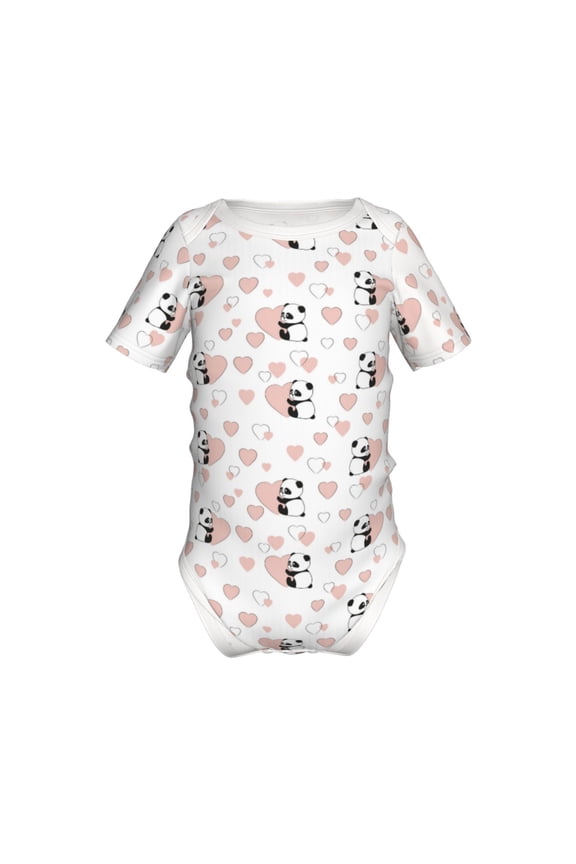 Heart Panda Pattern Baby Climbing Bodysuit Short Sleeve Onesie Unisex 0-12 Months Baby Shirt Newborn Outfits Crotch snap design-9M