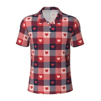 Xecao Heart Plaid for Mens' Casual Short Sleeve Button-Down Polo Shirts for a Classic Golf Look