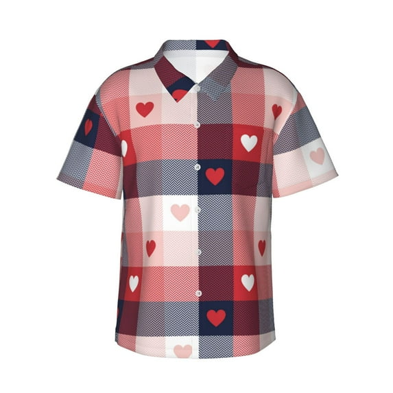 Xecao Heart Plaid print Hawaiian shirt - a stylish short-sleeve button-down for men, perfect for casual beach and tropical outings.