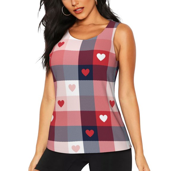 Xecao Heart Plaid print women's scoop neck, loose-fit workout tank tops for the gym.