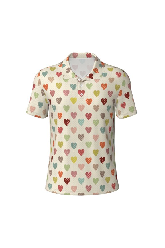 Heart Polka Dot for Mens' Casual Short Sleeve Button-Down Polo Shirts for a Classic Golf Look