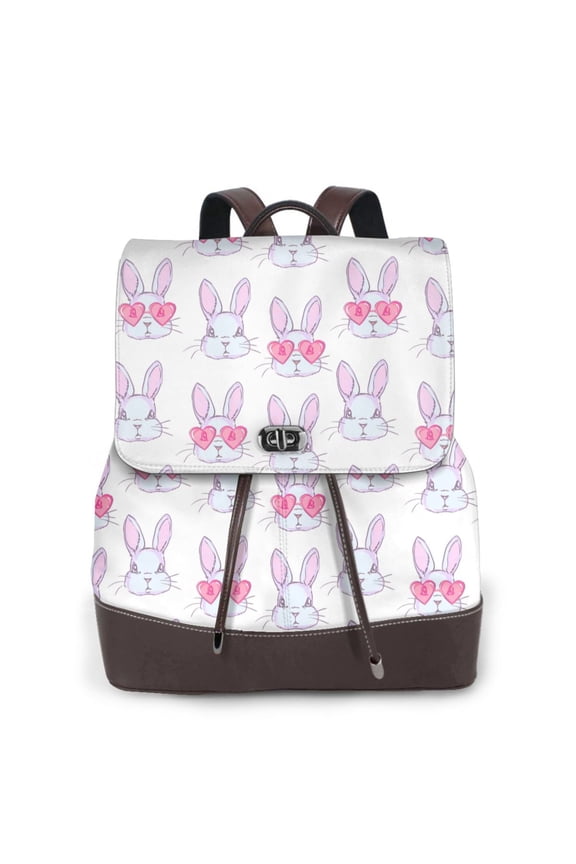 Heart Rabbit Print Large Backpack Soft Leather for Women Travel with Compartment, Adjustable Convertible Strap